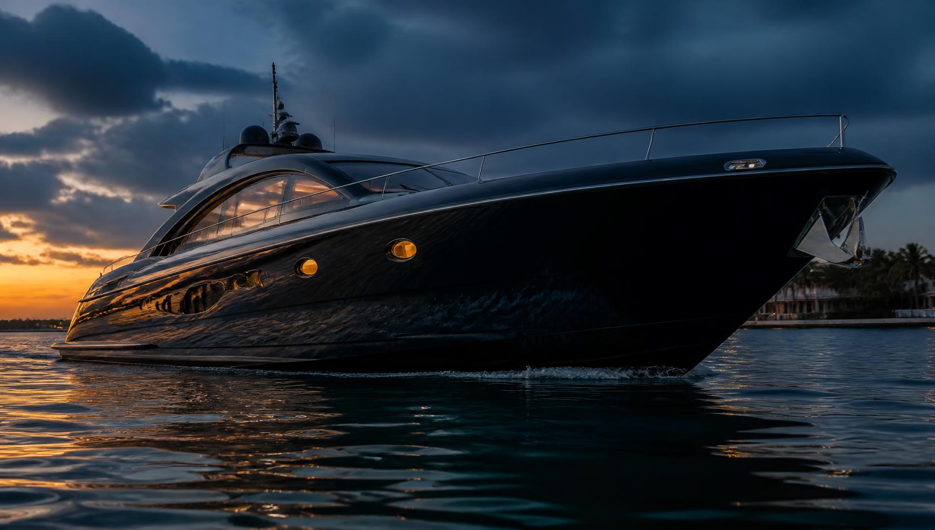 Luxury motor yacht with a mirror-polished hull cruising Florida waters at dusk
