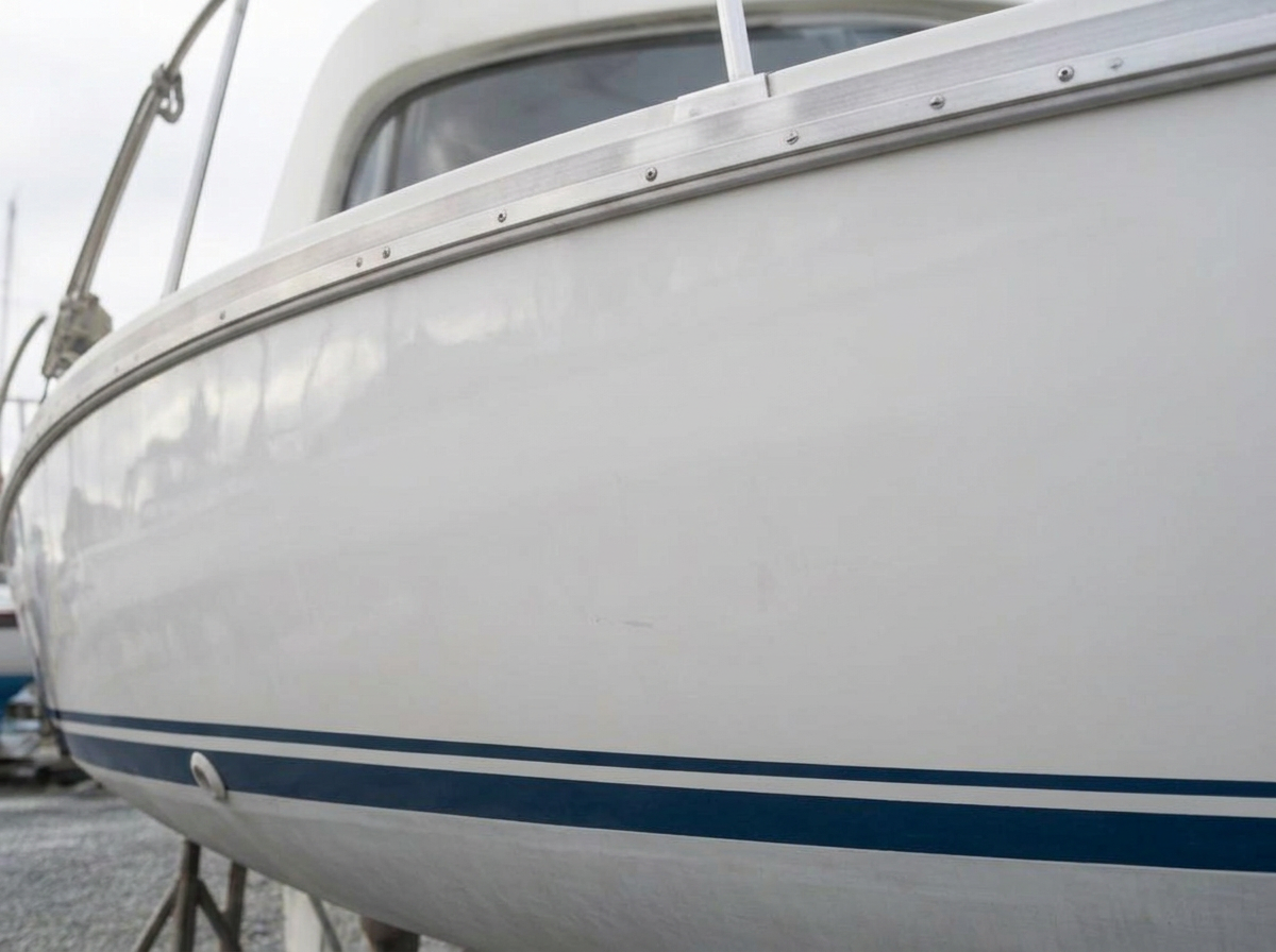 Polished glossy boat hull reflecting the sky after detailing