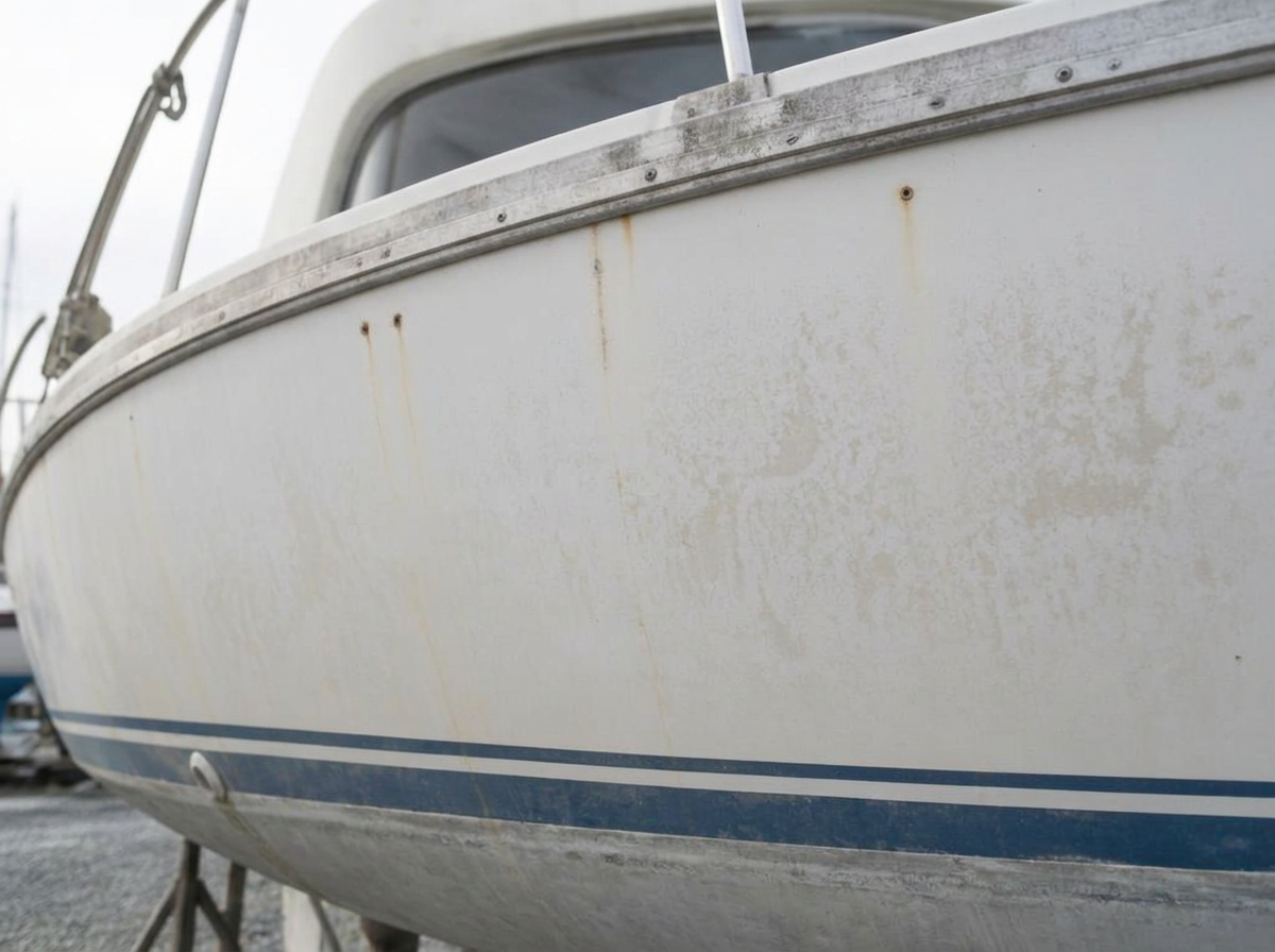Oxidized chalky boat hull with rust streaks before detailing