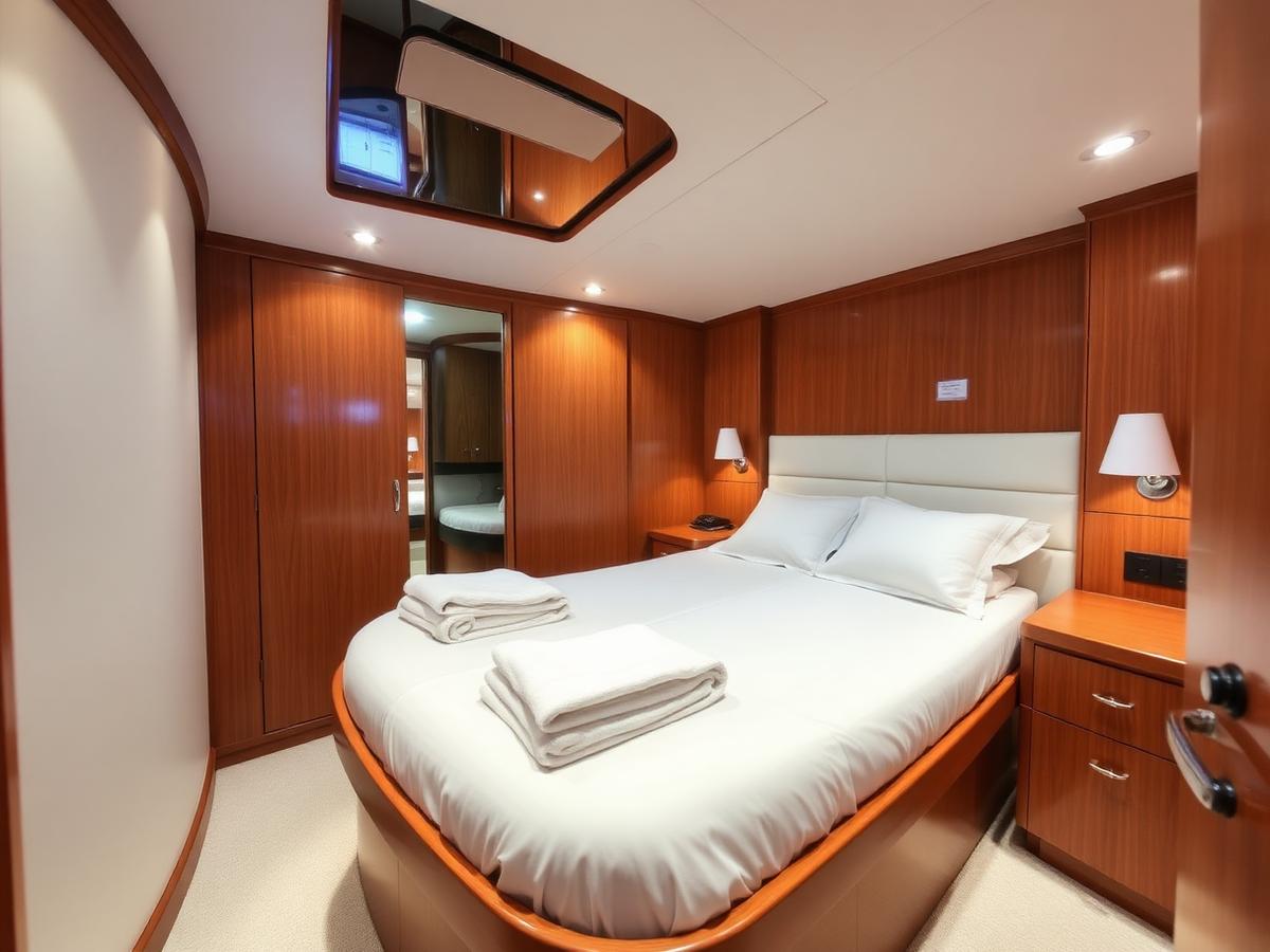 Yacht stateroom with fresh white linens and polished wood paneling
