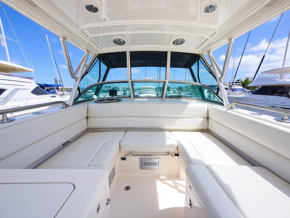 Boat cockpit with spotless white vinyl seating and polished stainless