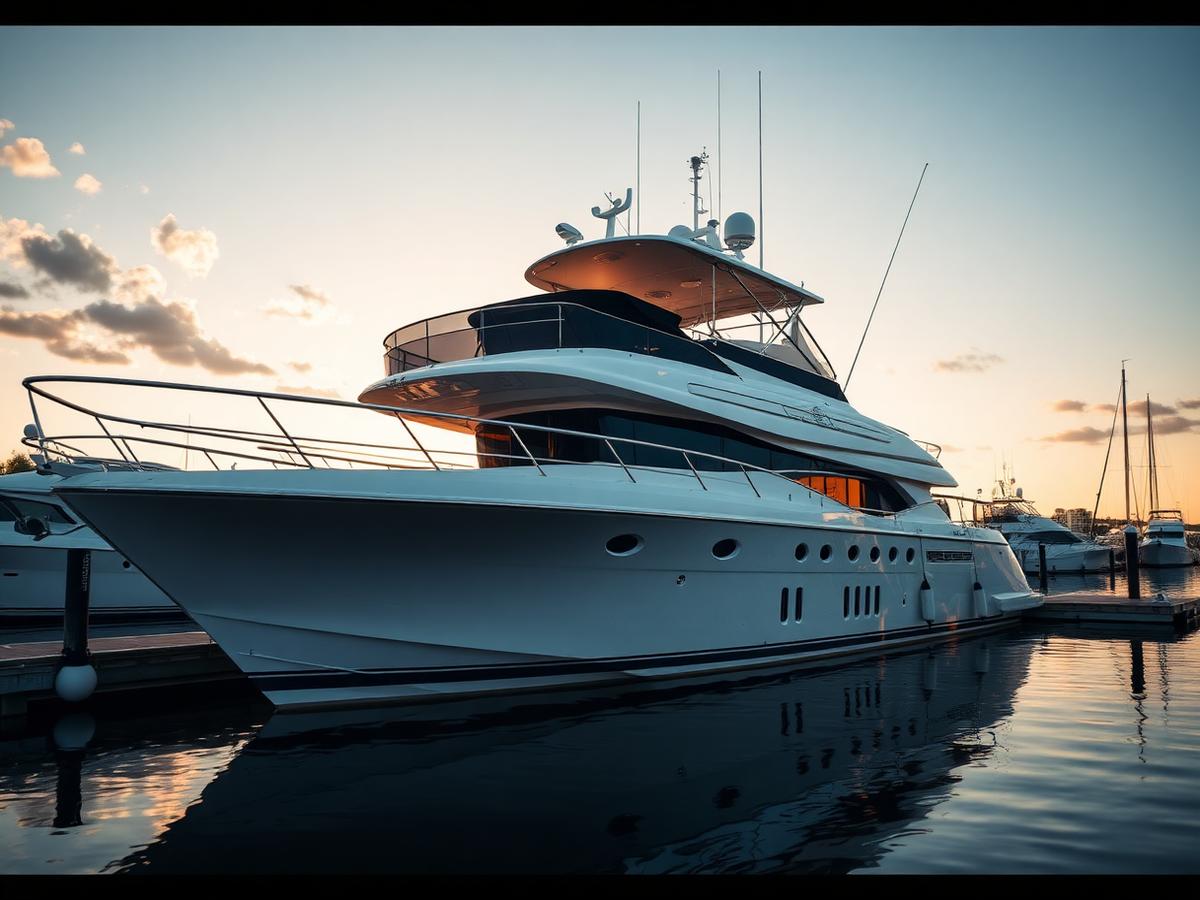 Motor yacht with mirror-polished white hull at a Florida marina after detailing